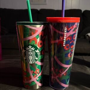 Starbucks Multicolor Floral Pattern Tumbler Set with Green and Red Accents